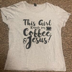 Gray Graphic Tee with Coffee & Jesus Print